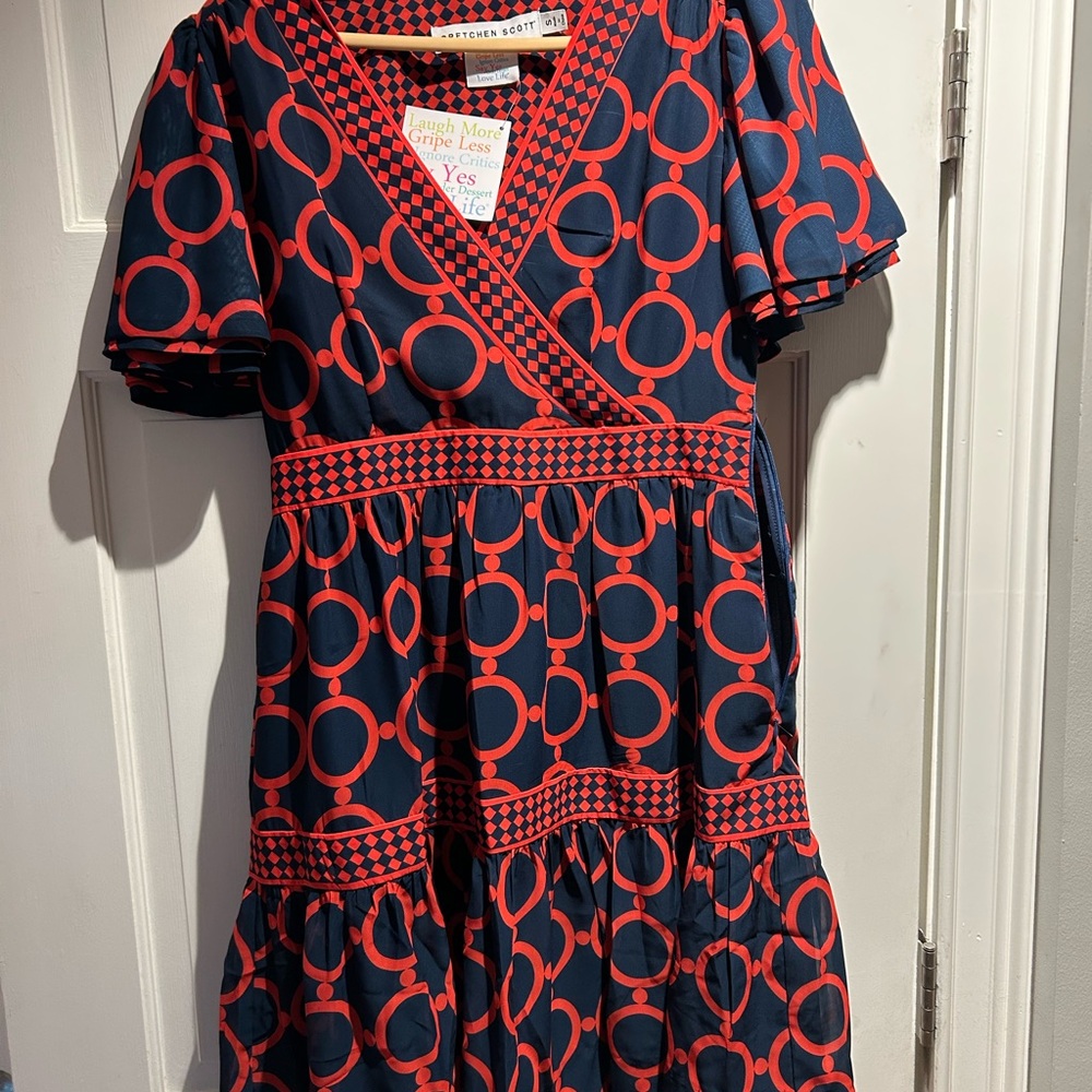 Gretchen Scott Designs Red and Blue Puff Sleeve Mini Dress
